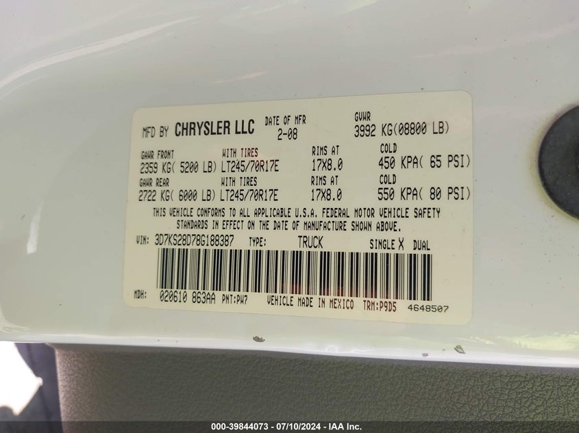 2008 Dodge Ram 2500 St/Sxt VIN: 3D7KS28D78G188387 Lot: 39844073