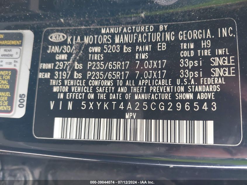 2012 Kia Sorento Lx V6 VIN: 5XYKT4A25CG296543 Lot: 39844074