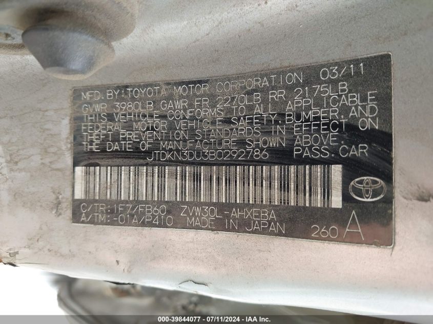 2011 Toyota Prius Three VIN: JTDKN3DU3B0292786 Lot: 39844077