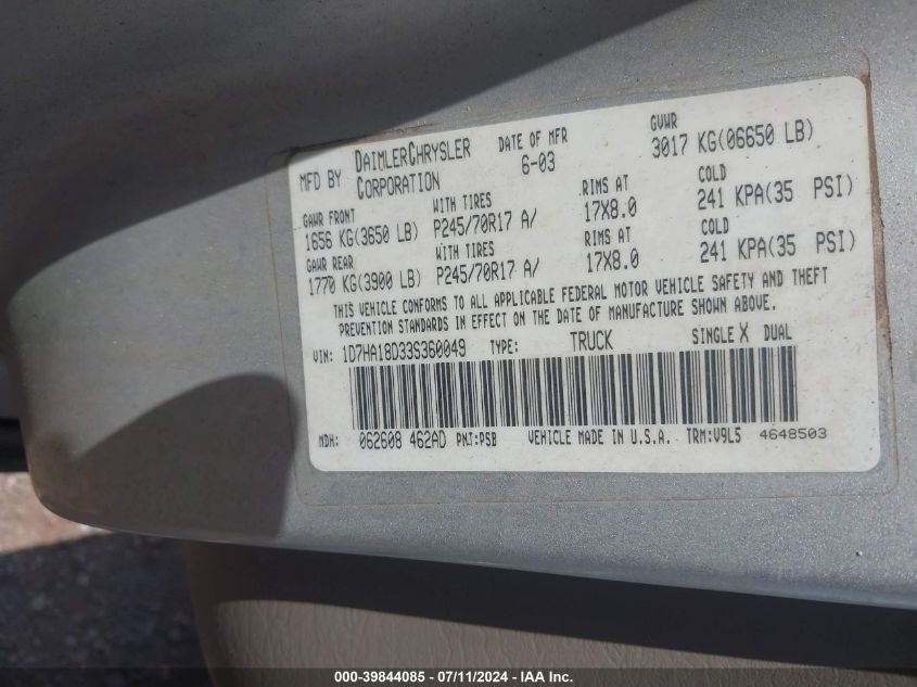 2003 Dodge Ram 1500 Slt/Laramie/St VIN: 1D7HA18D33S360049 Lot: 39844085