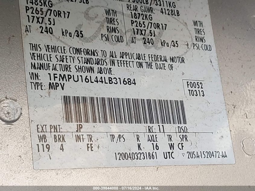 2004 Ford Expedition Nbx/Xlt VIN: 1FMPU16L44LB31684 Lot: 39844088