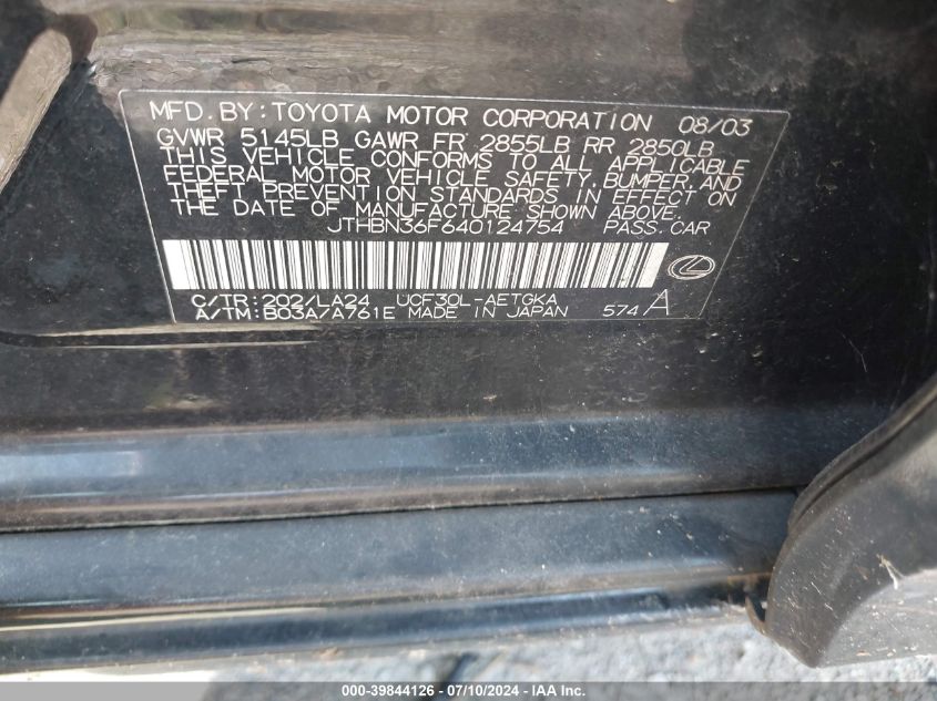 2004 Lexus Ls 430 VIN: JTHBN36F640124754 Lot: 39844126