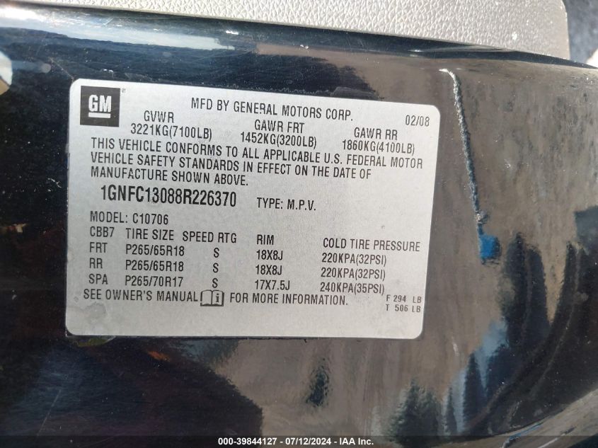 2008 Chevrolet Tahoe Lt VIN: 1GNFC13088R226370 Lot: 39844127