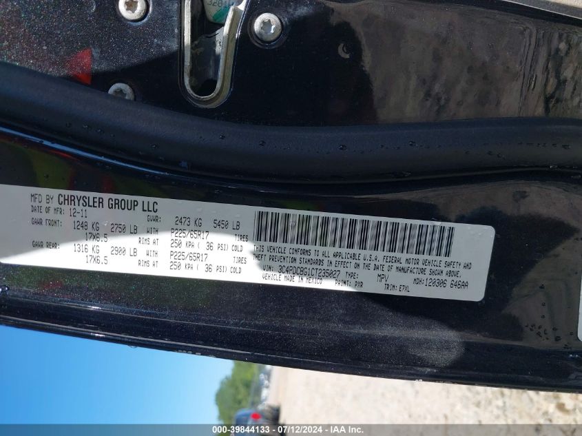 2012 Dodge Journey Sxt VIN: 3C4PDCBG1CT235027 Lot: 39844133