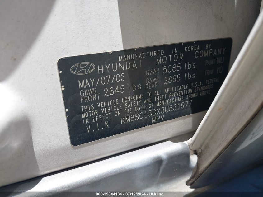 2003 Hyundai Santa Fe Gls/Lx VIN: KM8SC13DX3U531977 Lot: 39844134