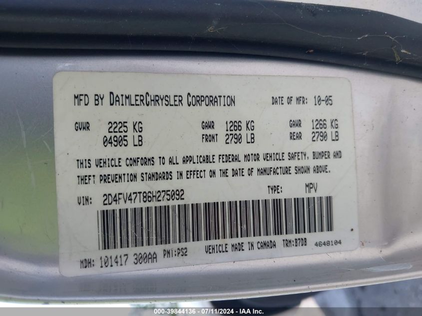 2006 Dodge Magnum VIN: 2D4FV47T86H275092 Lot: 39844136