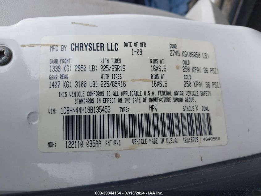 2008 Dodge Grand Caravan Se VIN: 1D8HN44H18B135453 Lot: 39844154