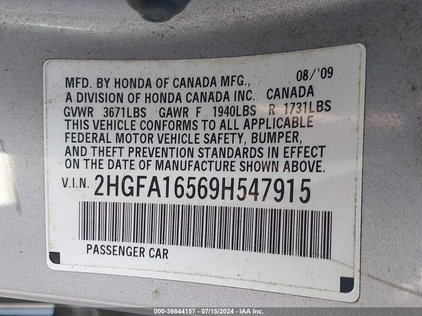 2009 Honda Civic Lx VIN: 2HGFA16569H547915 Lot: 39844157
