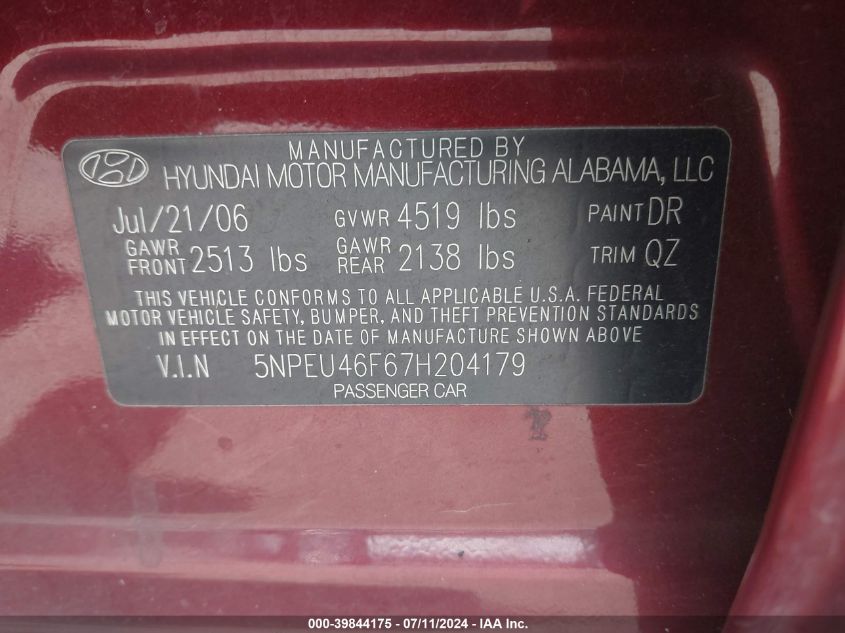 2007 Hyundai Sonata Limited/Se V6 VIN: 5NPEU46F67H204179 Lot: 39844175