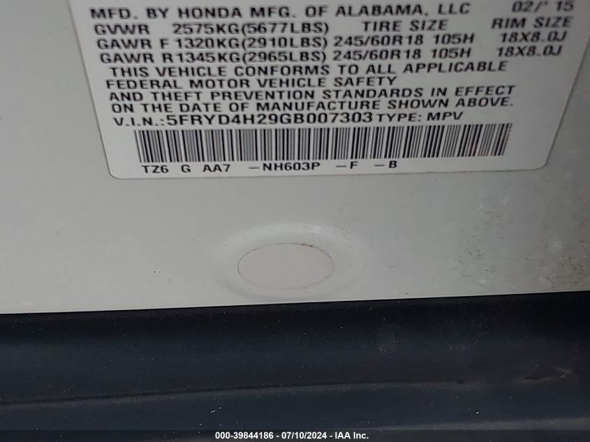 2016 Acura Mdx Acurawatch Plus Package VIN: 5FRYD4H29GB007303 Lot: 39844186