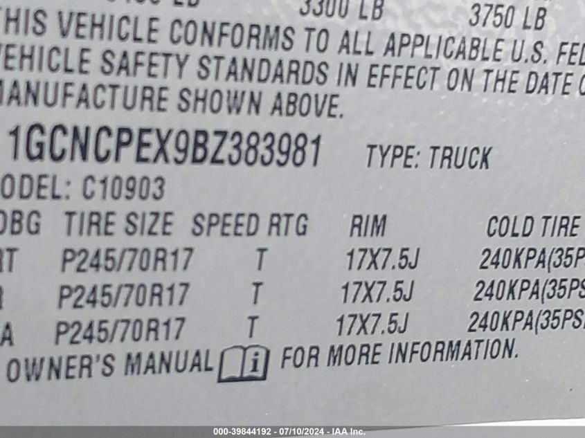 1GCNCPEX9BZ383981 | 2011 CHEVROLET SILVERADO 1500