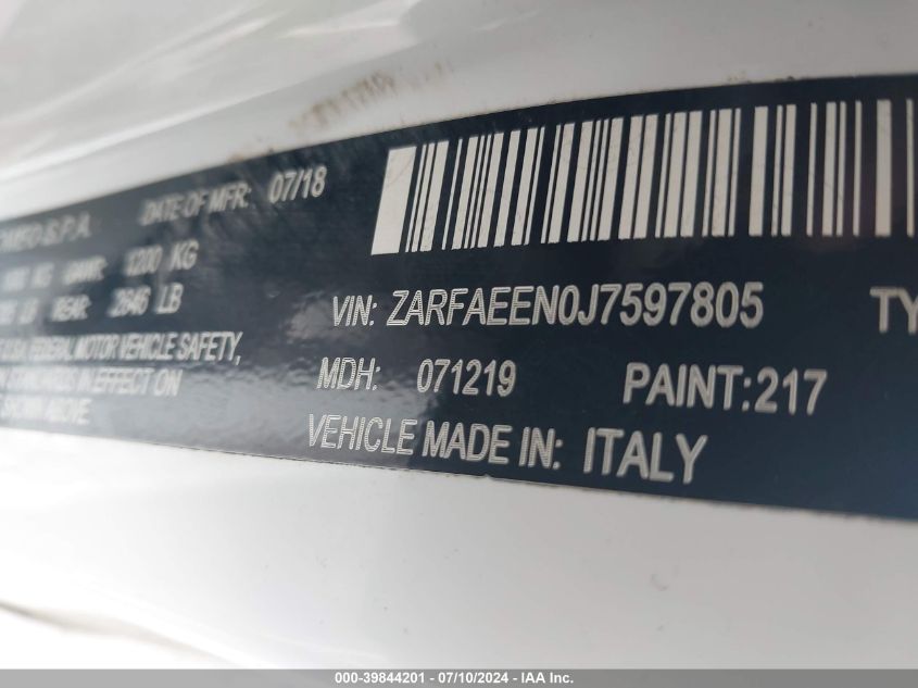 2018 Alfa Romeo Giulia Ti Sport Awd VIN: ZARFAEEN0J7597805 Lot: 39844201