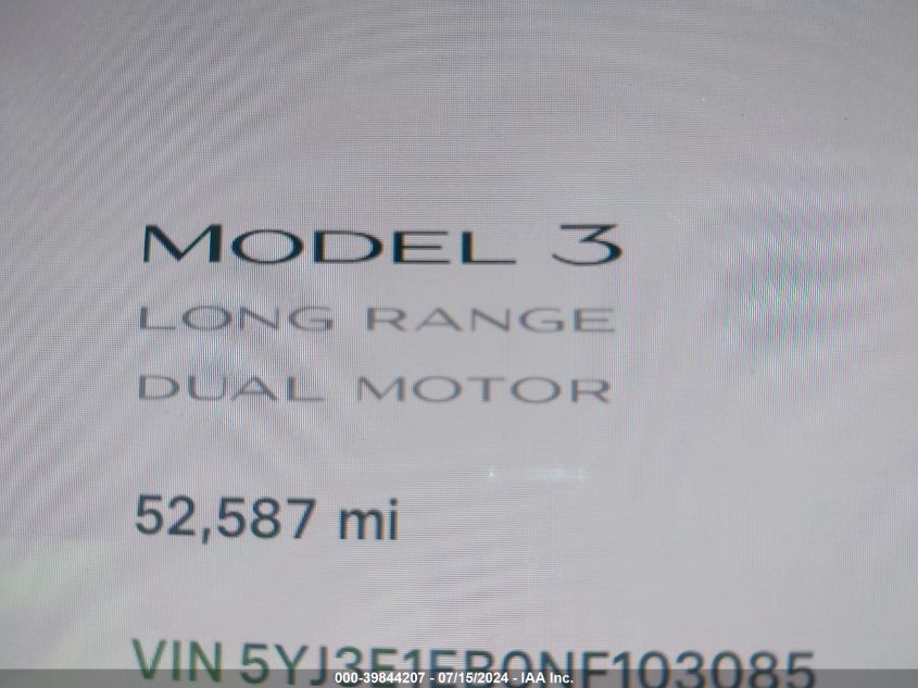 2022 Tesla Model 3 Long Range Dual Motor All-Wheel Drive VIN: 5YJ3E1EB0NF103085 Lot: 39844207