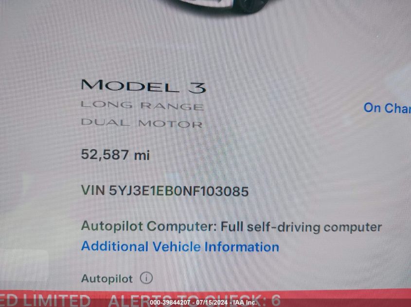 2022 Tesla Model 3 Long Range Dual Motor All-Wheel Drive VIN: 5YJ3E1EB0NF103085 Lot: 39844207