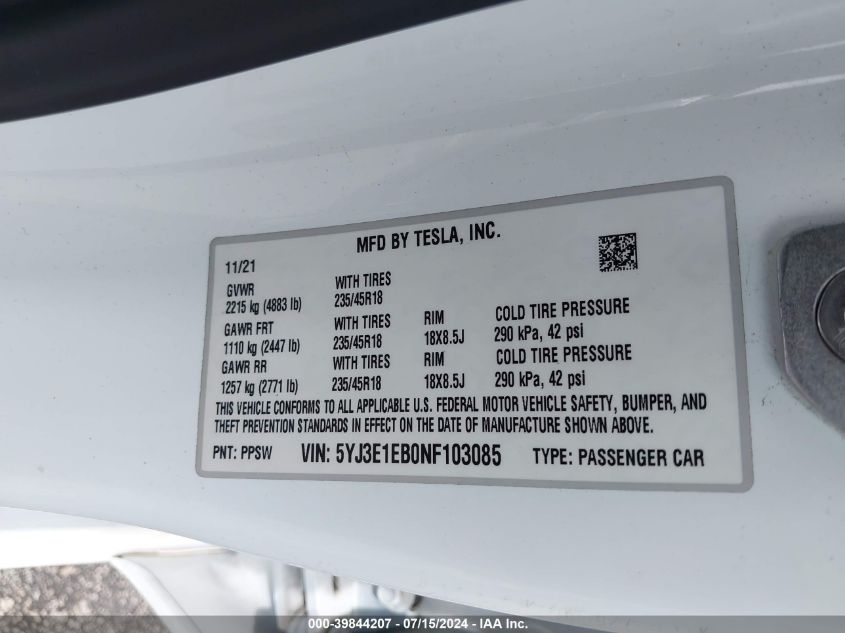 2022 Tesla Model 3 Long Range Dual Motor All-Wheel Drive VIN: 5YJ3E1EB0NF103085 Lot: 39844207