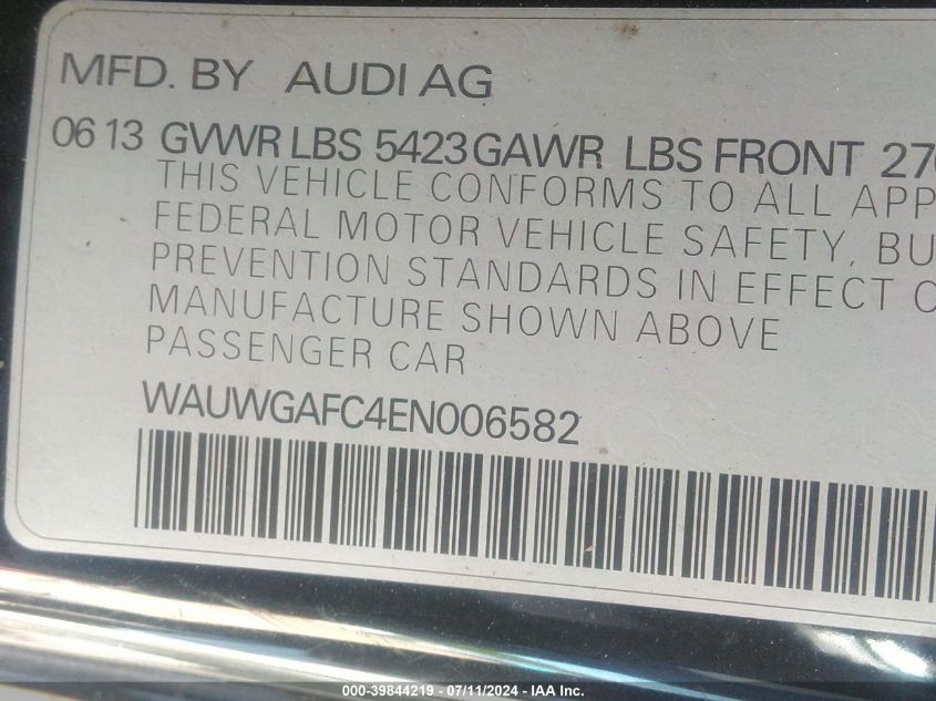 2014 Audi A7 3.0T Premium Plus VIN: WAUWGAFC4EN006582 Lot: 39844219