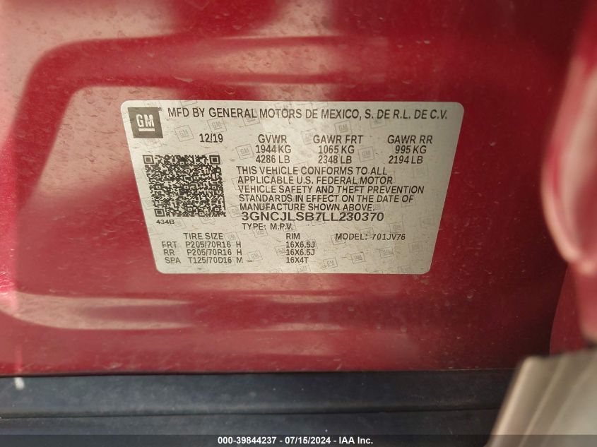 2020 Chevrolet Trax Fwd Lt VIN: 3GNCJLSB7LL230370 Lot: 39844237