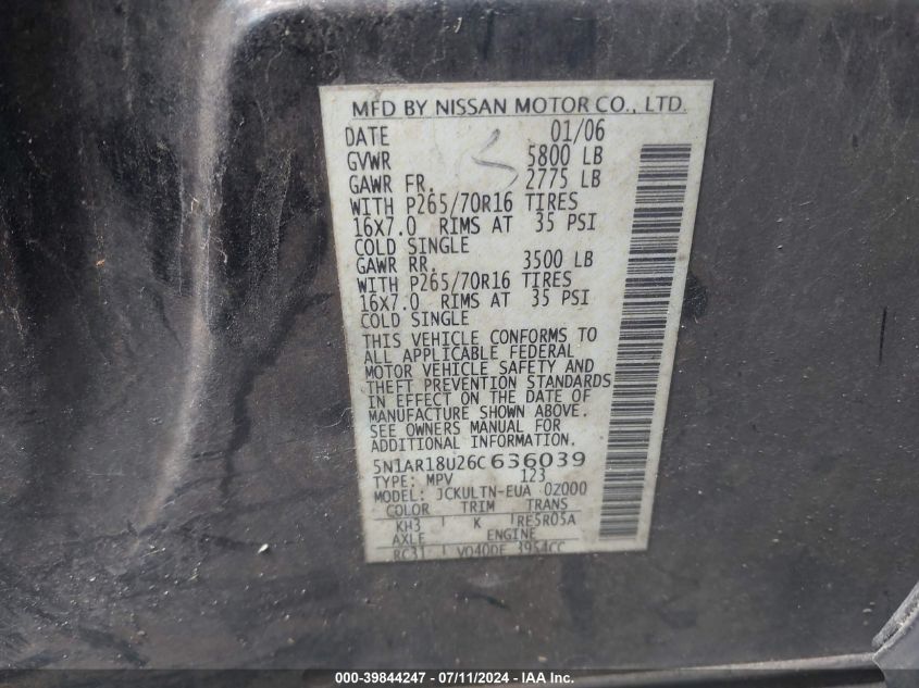 2006 Nissan Pathfinder Se VIN: 5N1AR18U26C636039 Lot: 39844247
