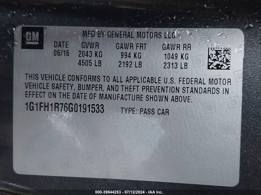 2016 Chevrolet Camaro 2Ss VIN: 1G1FH1R76G0191533 Lot: 39844253