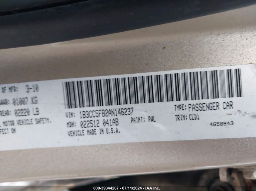 2010 Dodge Avenger R/T VIN: 1B3CC5FB2AN146237 Lot: 39844267