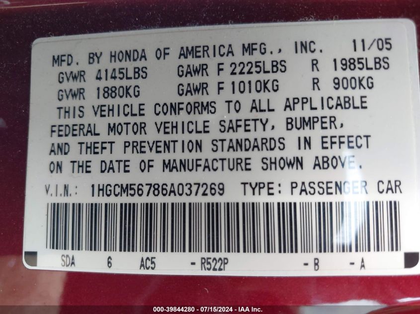 2006 Honda Accord 2.4 Ex VIN: 1HGCM56786A037269 Lot: 39844280