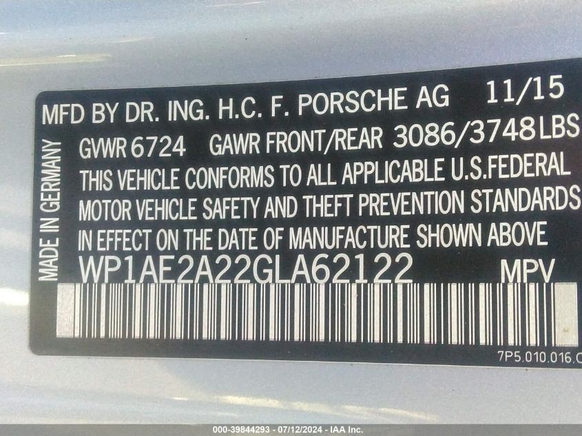 2016 Porsche Cayenne E-Hybrid S VIN: WP1AE2A22GLA62122 Lot: 39844293