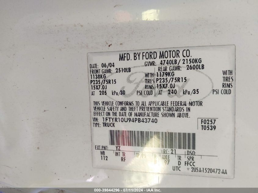 2004 Ford Ranger Edge/Xl/Xlt VIN: 1FTYR10U94PB43740 Lot: 39844296