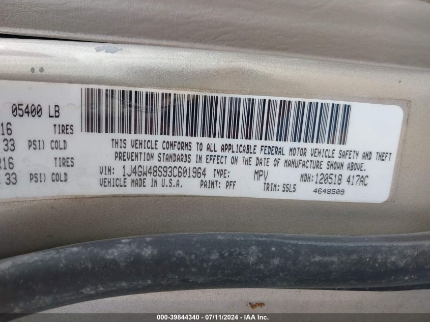 2003 Jeep Grand Cherokee Laredo VIN: 1J4GW48S93C601964 Lot: 39844340