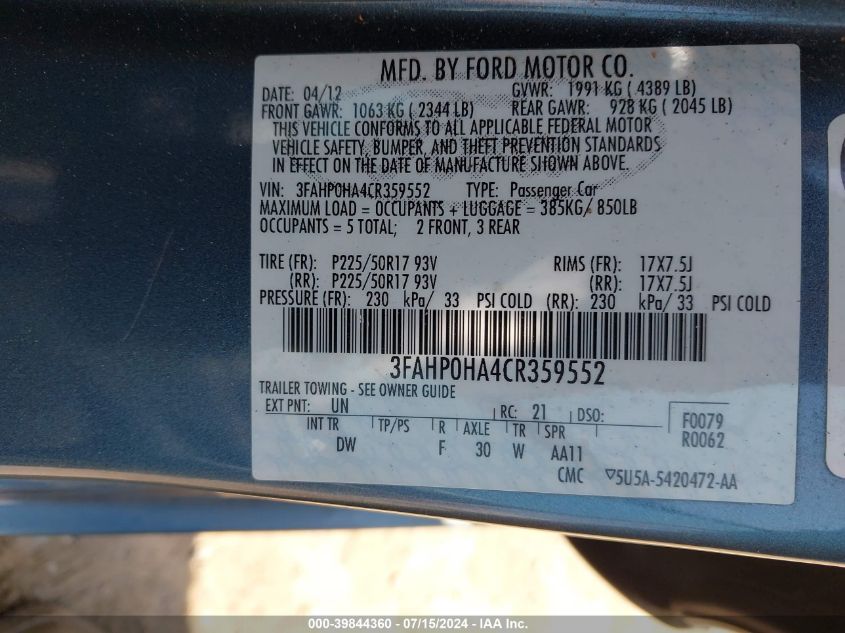 2012 Ford Fusion Se VIN: 3FAHP0HA4CR359552 Lot: 39844360