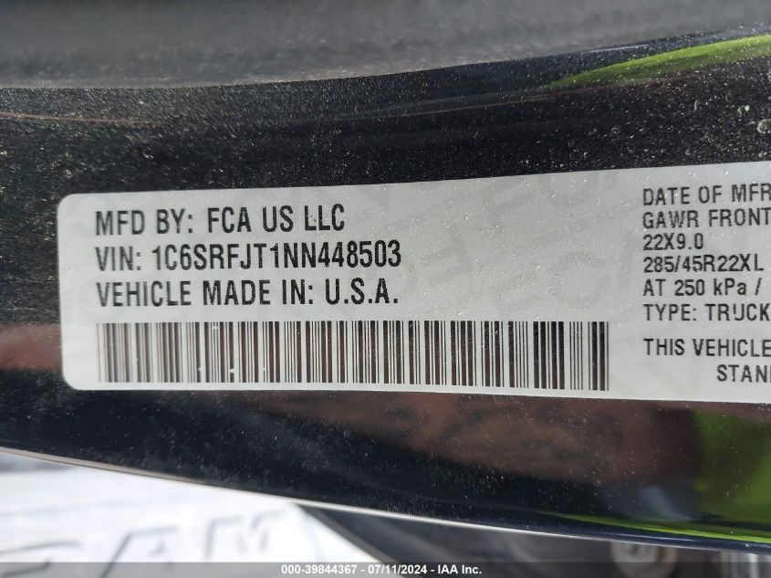2022 Ram 1500 Laramie 4X4 5'7 Box VIN: 1C6SRFJT1NN448503 Lot: 39844367