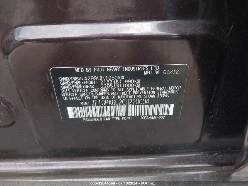 2012 Subaru Impreza 2.0I Limited VIN: JF1GPAG62CH220004 Lot: 39844368