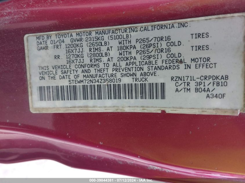 2004 Toyota Tacoma VIN: 5TEWM72N34Z358019 Lot: 39844381