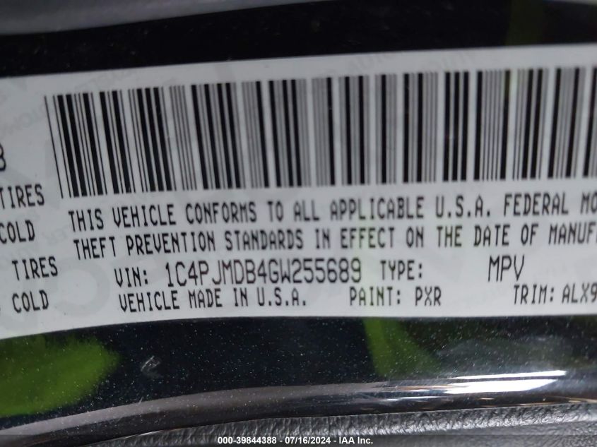 2016 Jeep Cherokee Limited VIN: 1C4PJMDB4GW255689 Lot: 39844388