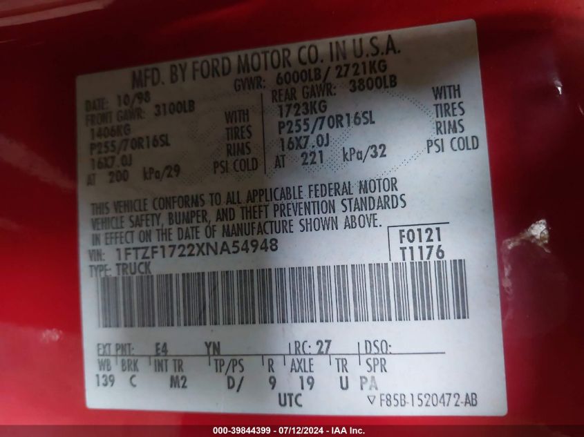 1999 Ford F-150 Work Series/Xl/Xlt VIN: 1FTZF1722XNA54948 Lot: 39844399