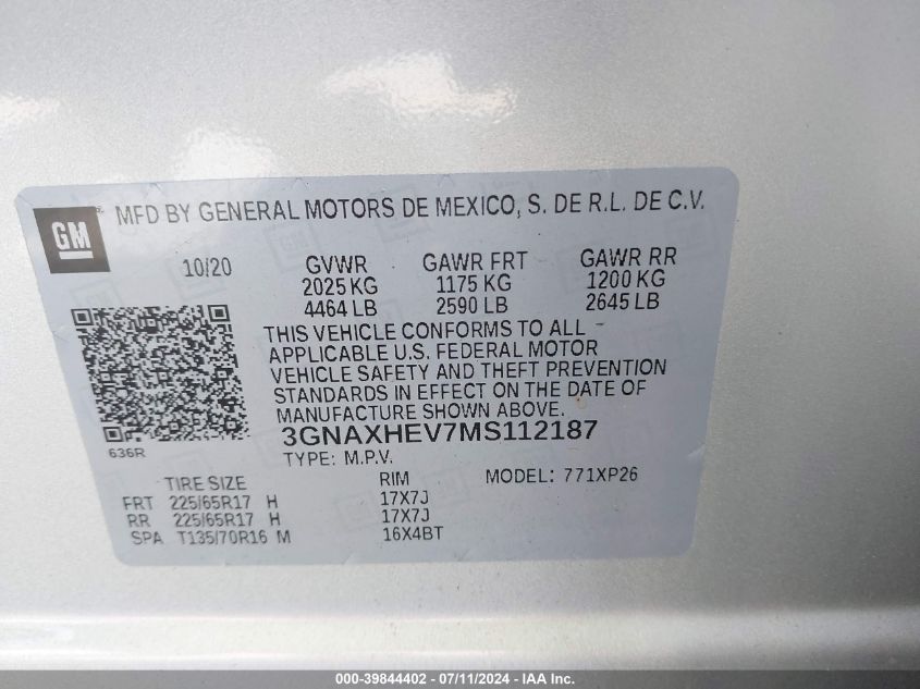 2021 Chevrolet Equinox Fwd Ls VIN: 3GNAXHEV7MS112187 Lot: 39844402