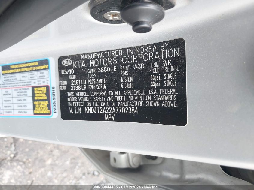 2010 Kia Soul +/!/Sport VIN: KNDJT2A22A7702384 Lot: 39844405