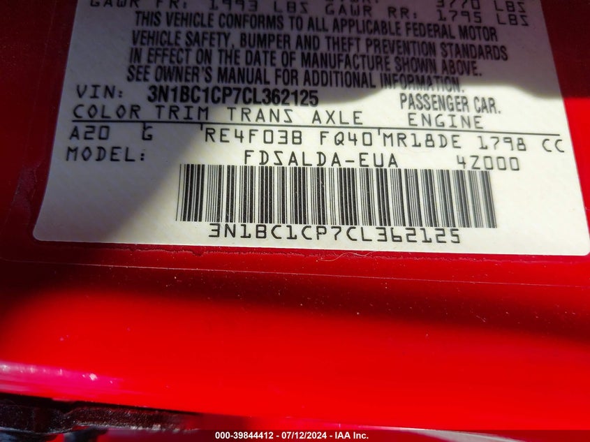 2012 Nissan Versa S/Sl VIN: 3N1BC1CP7CL362125 Lot: 39844412