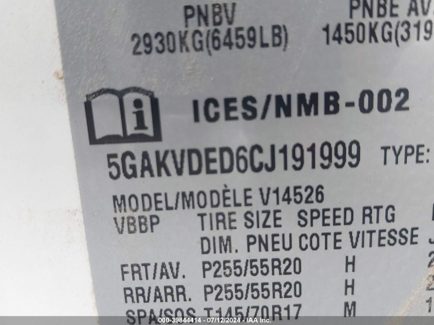 2012 Buick Enclave Premium VIN: 5GAKVDED6CJ191999 Lot: 39844414