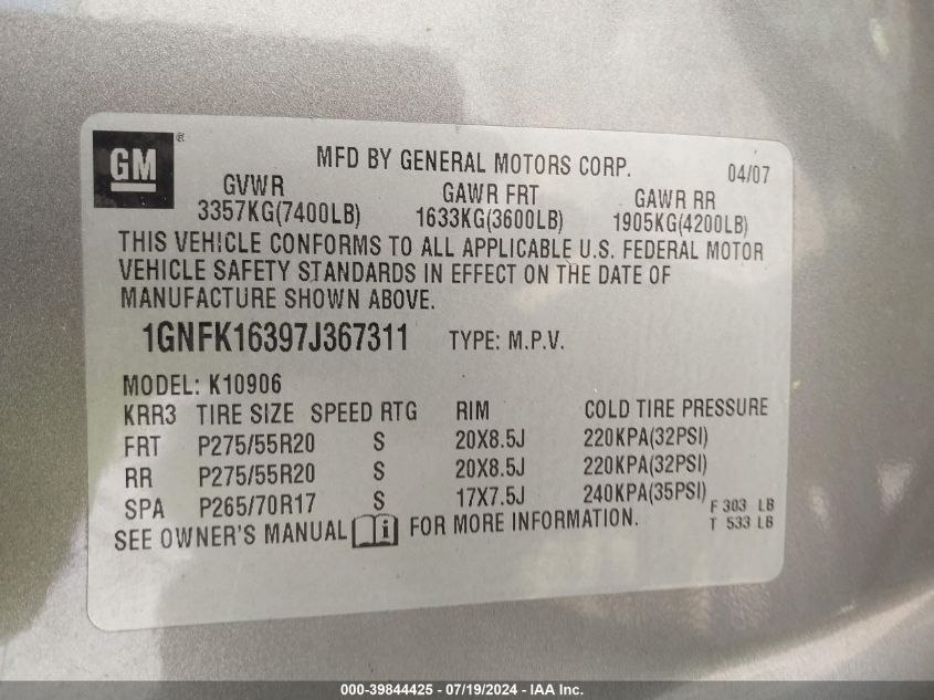 2007 Chevrolet Suburban 1500 Lt VIN: 1GNFK16397J367311 Lot: 39844425