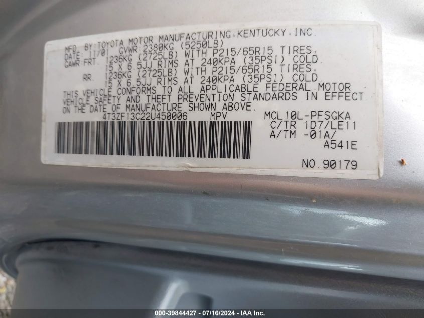 2002 Toyota Sienna Xle VIN: 4T3ZF13C22U450006 Lot: 39844427