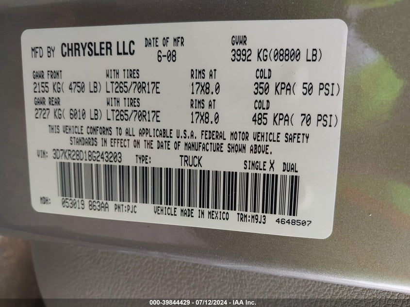 2008 Dodge Ram 2500 St/Slt VIN: 3D7KR28D18G243203 Lot: 39844429