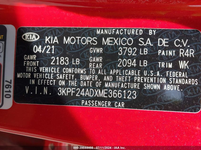 2021 Kia Forte Lxs VIN: 3KPF24ADXME366123 Lot: 39844455