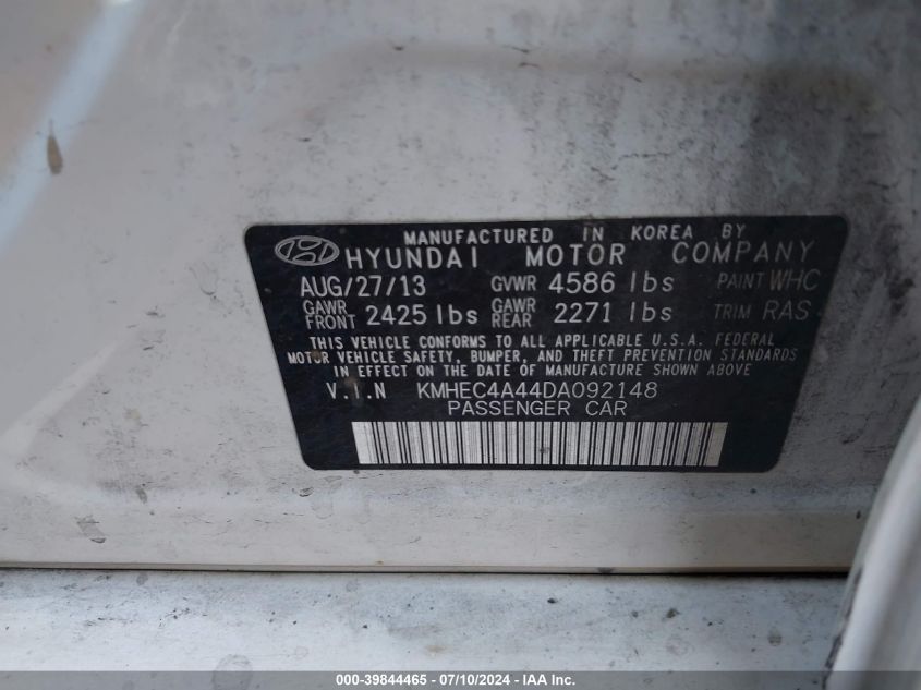 2013 Hyundai Sonata Hybrid Limited VIN: KMHEC4A44DA092148 Lot: 39844465