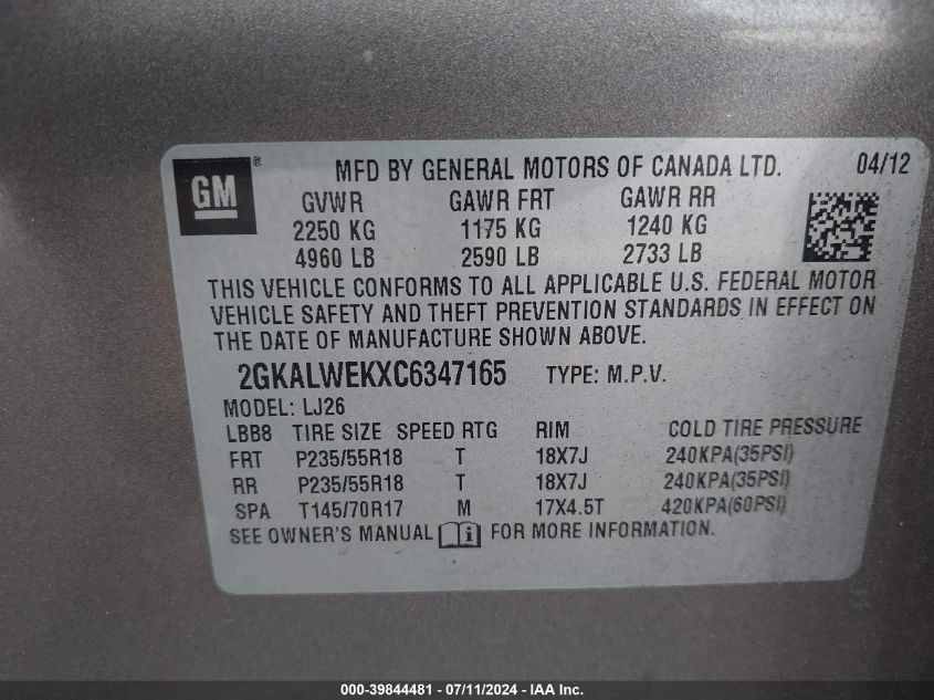 2012 GMC Terrain Slt-2 VIN: 2GKALWEKXC6347165 Lot: 39844481