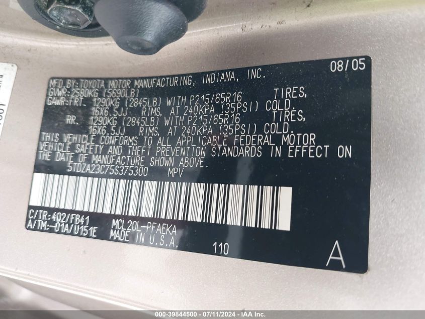 2005 Toyota Sienna Le VIN: 5TDZA23C75S375300 Lot: 39844500