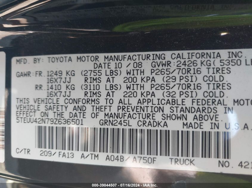 2009 Toyota Tacoma Base V6 VIN: 5TEUU42N79Z636501 Lot: 39844507