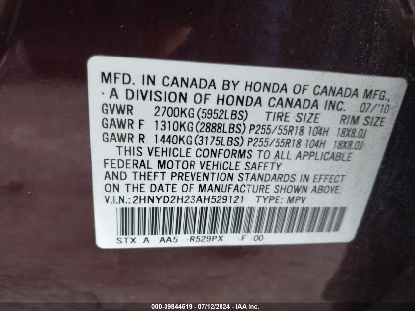 2010 Acura Mdx VIN: 2HNYD2H23AH529121 Lot: 39844519