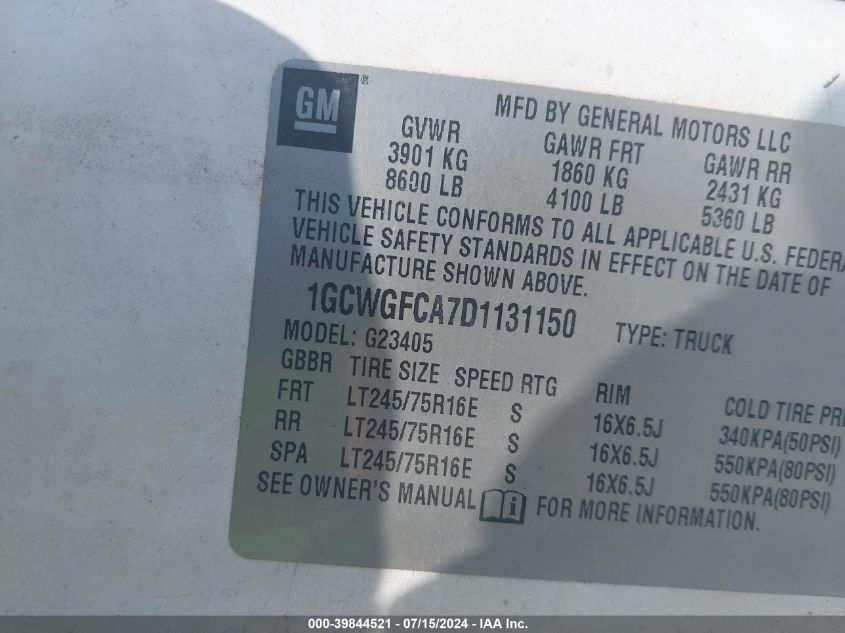 2013 Chevrolet Express 2500 Work Van VIN: 1GCWGFCA7D1131150 Lot: 39844521