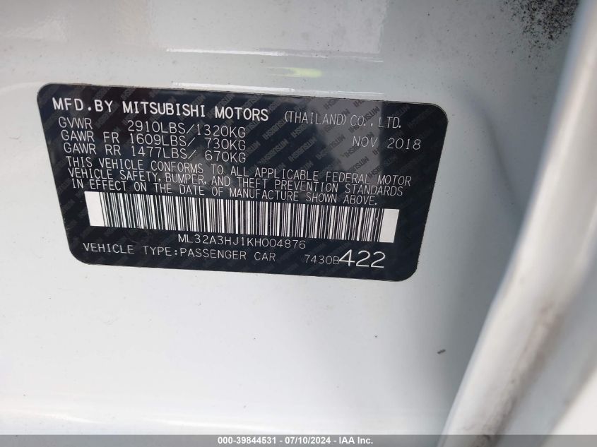 2019 Mitsubishi Mirage Es VIN: ML32A3HJ1KH004876 Lot: 39844531