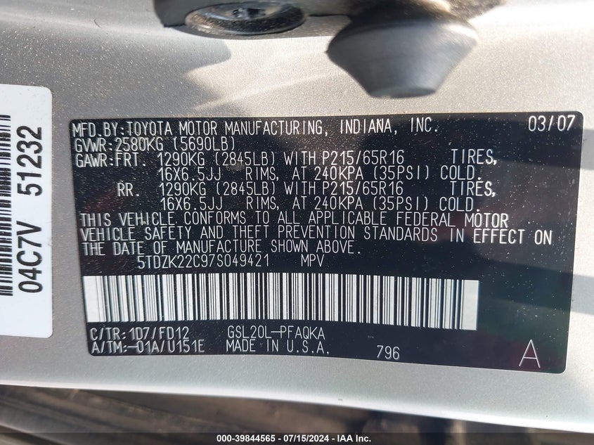 2007 Toyota Sienna Xle VIN: 5TDZK22C97S049421 Lot: 39844565